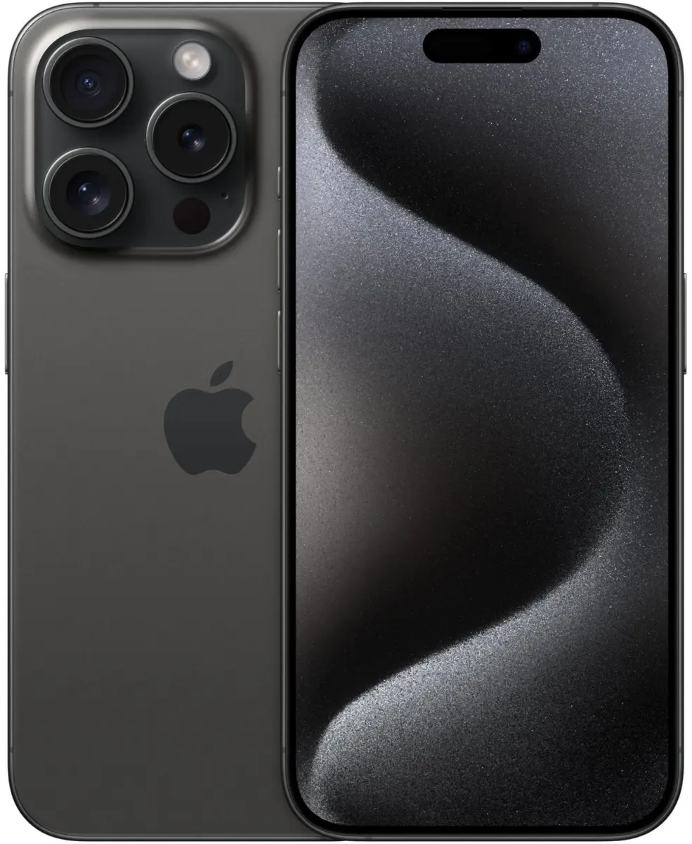iPhone 15 Pro in Titan Schwarz, Rückseite und Vorderseite