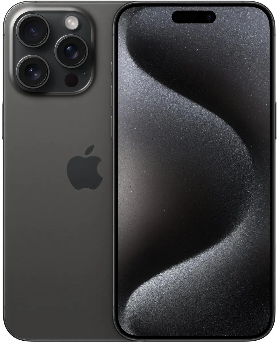 iPhone 15 Pro Max in Titan Schwarz, Rückseite und Vorderseite