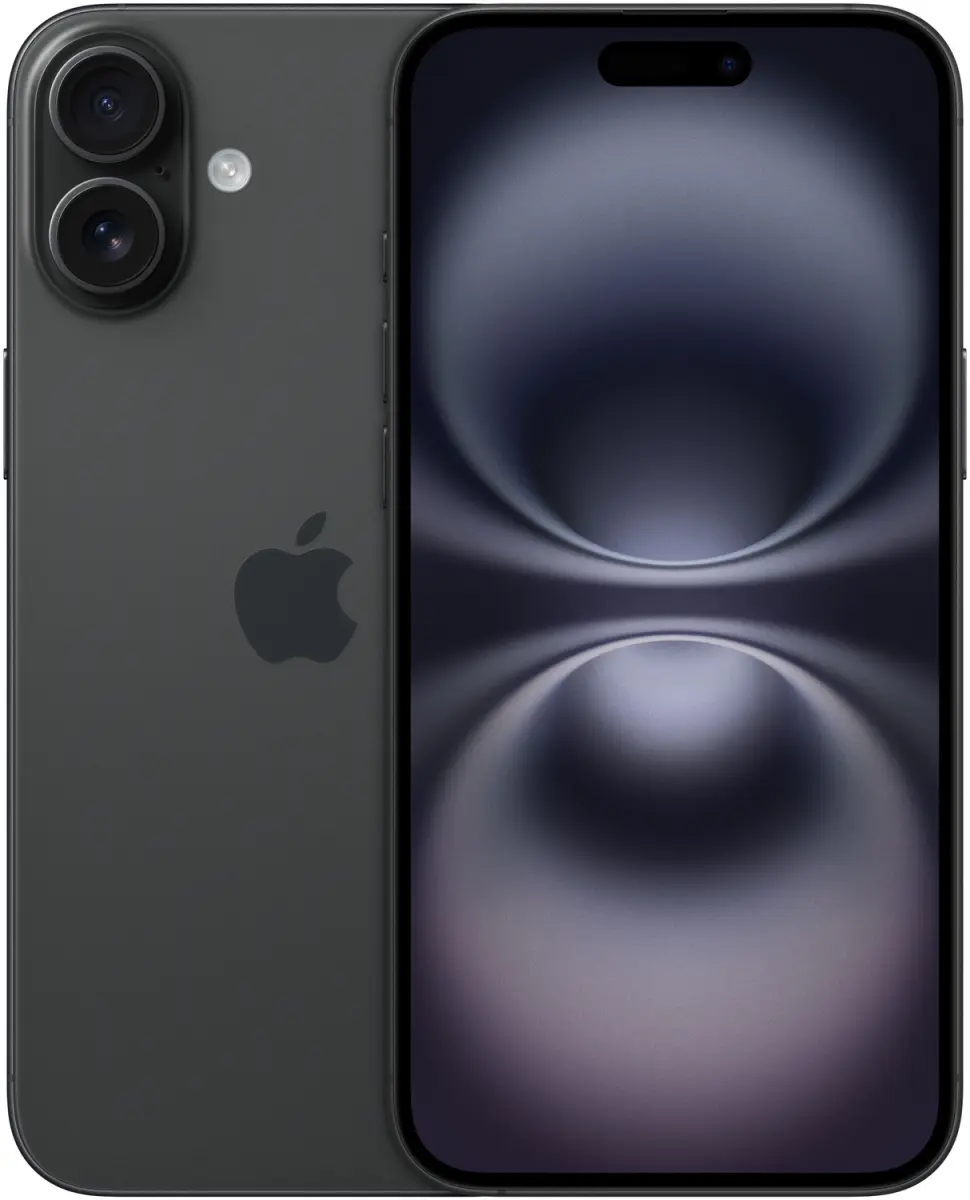 iPhone 16 Plus in Schwarz, Rückseite und Vorderseite