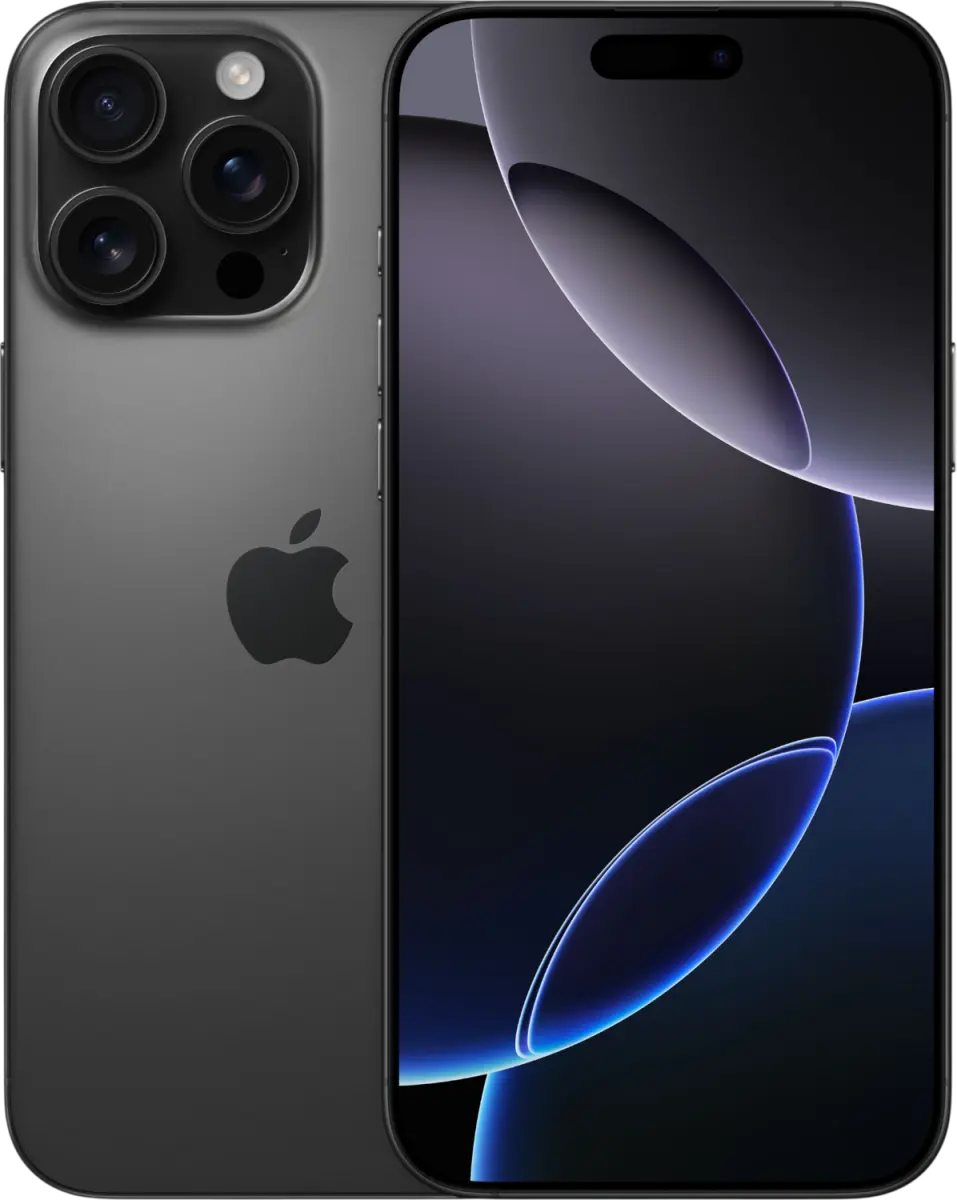 iPhone 16 Pro Max in Titan Schwarz, Rückseite und Vorderseite
