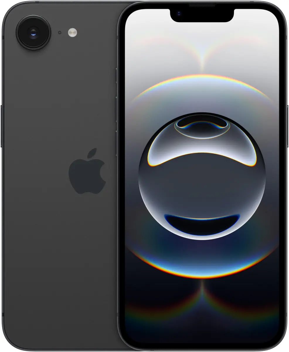 iPhone 16e in Schwarz, Rückseite und Vorderseite