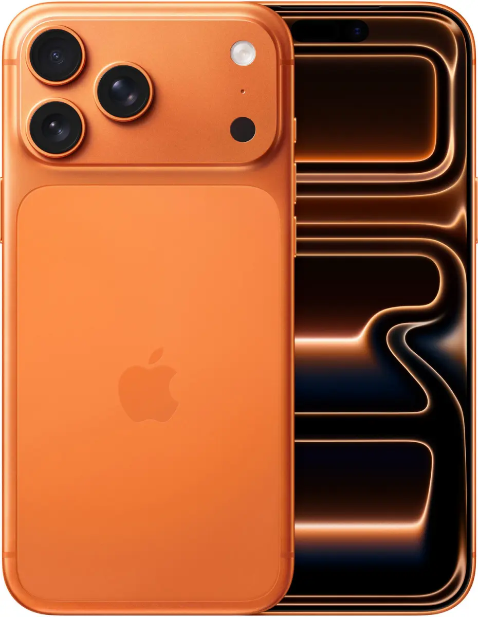 iPhone 17 Pro Max in Cosmic Orange, Rückseite und Vorderseite
