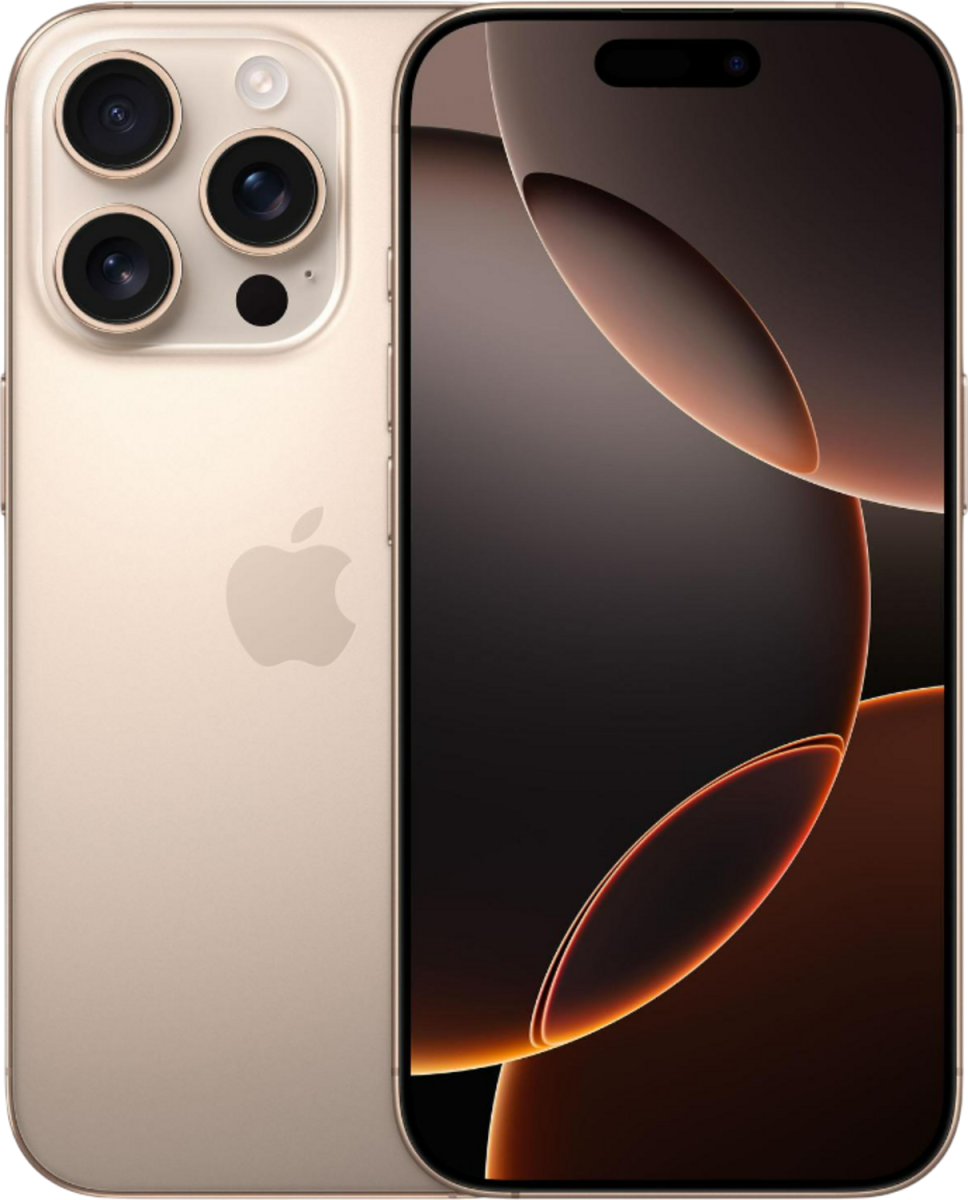 iPhone 16 Pro in Titan Wüstensand, Rückseite und Vorderseite