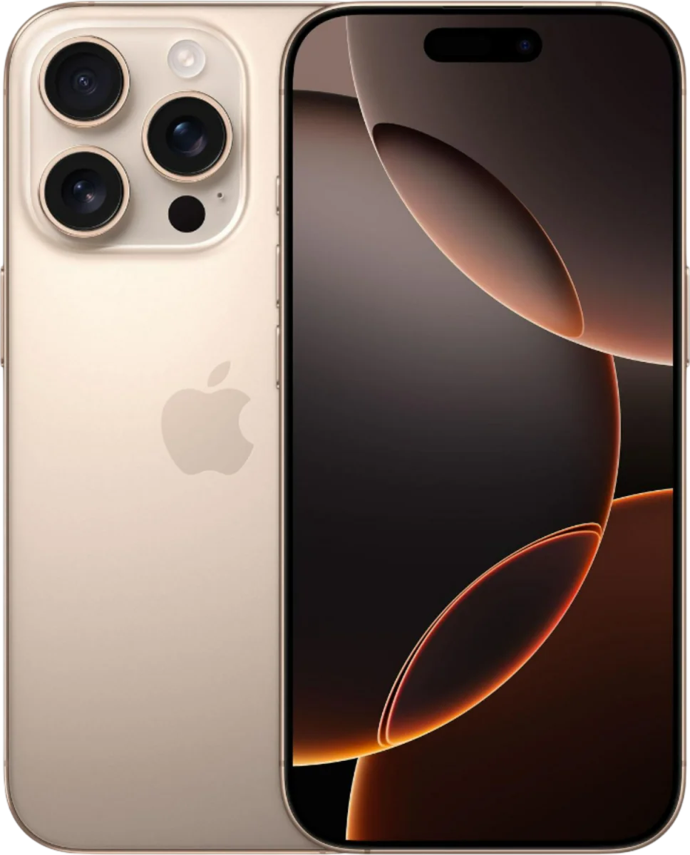 iPhone 16 Pro in Titan Wüstensand, Rückseite und Vorderseite