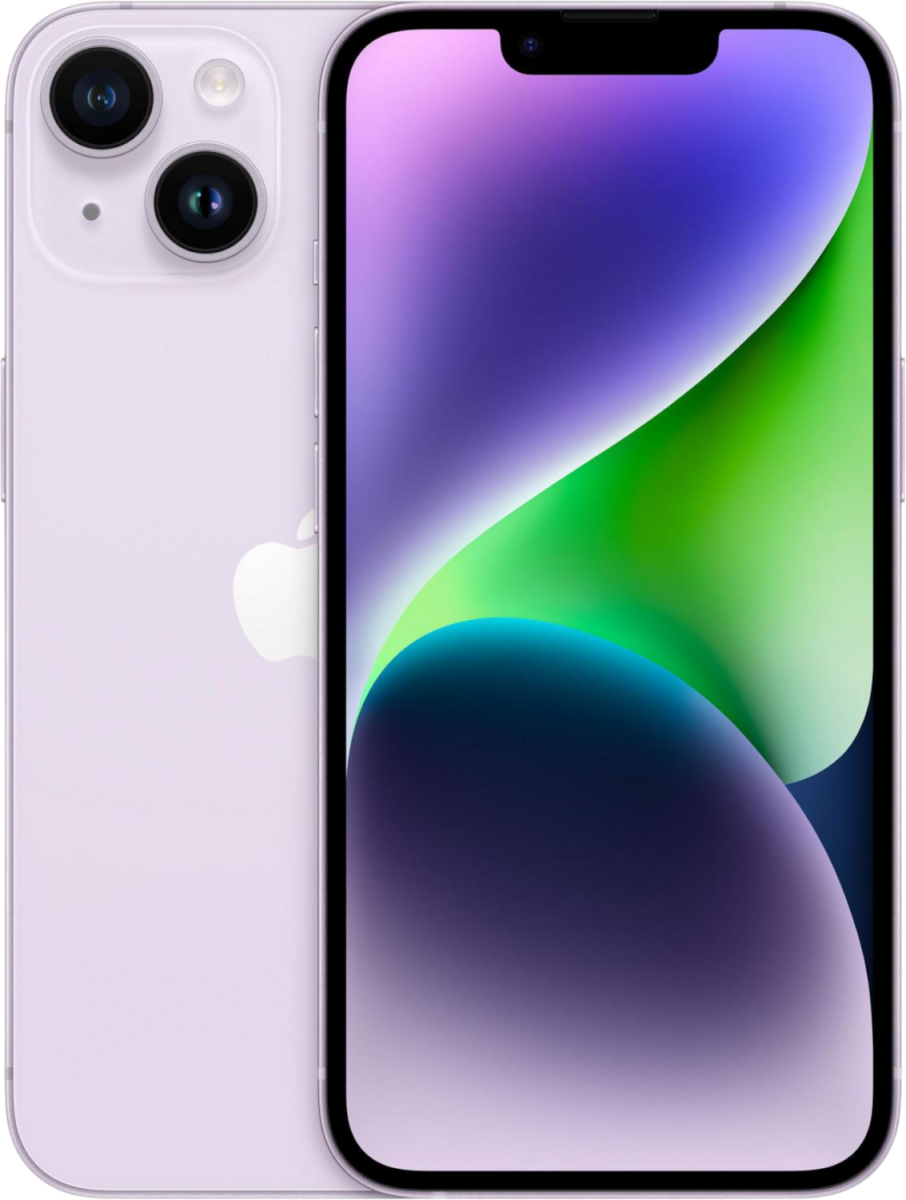 iPhone 14 in Violett, Rückseite und Vorderseite