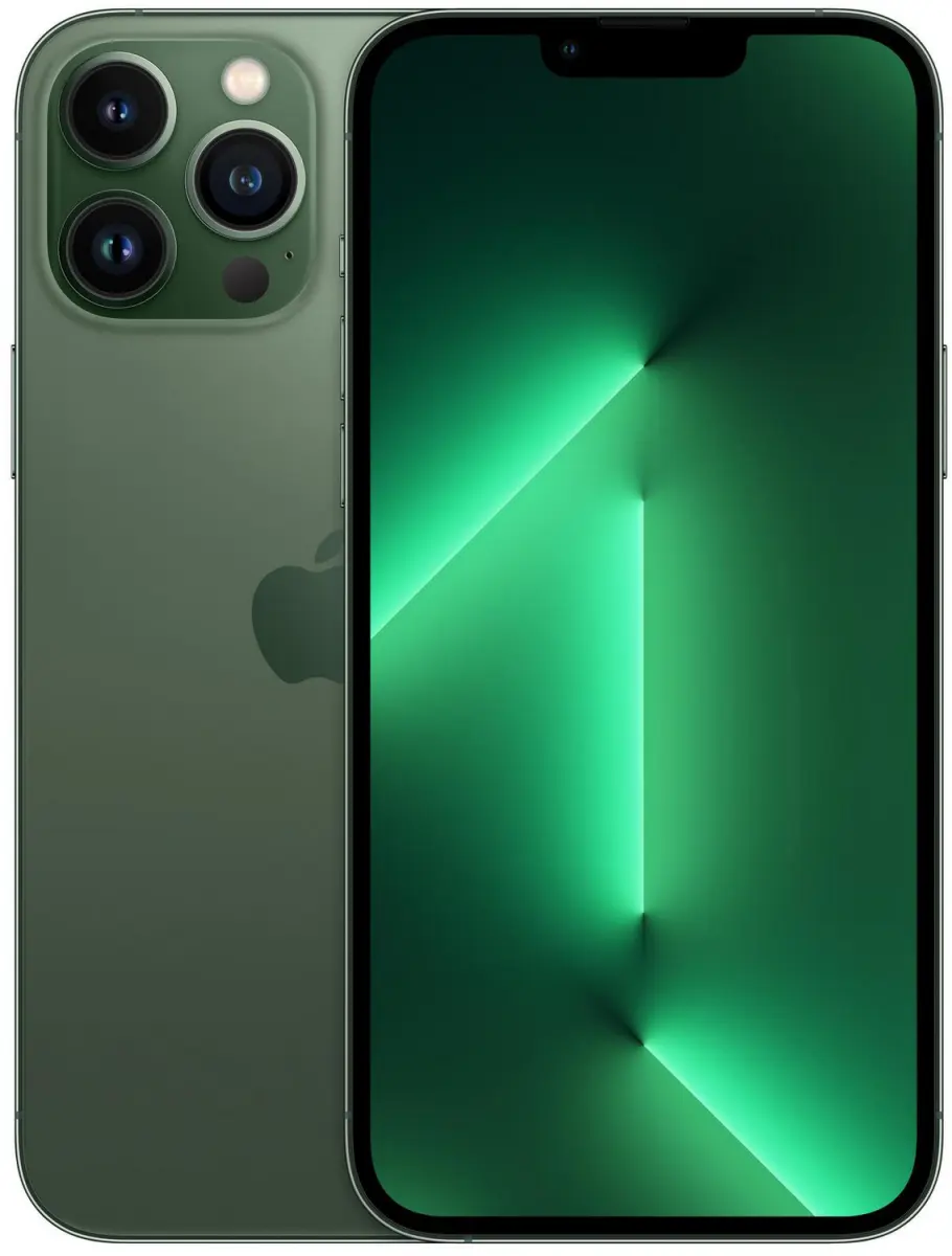 iPhone 13 Pro Max in Alpingrün, Rückseite und Vorderseite