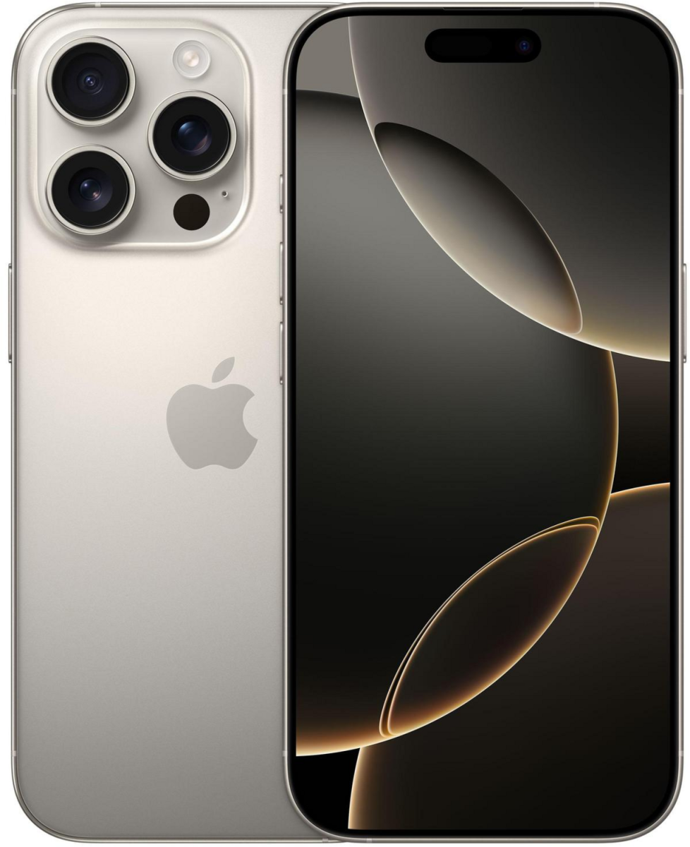 iPhone 16 Pro in Titan Natur, Rückseite und Vorderseite