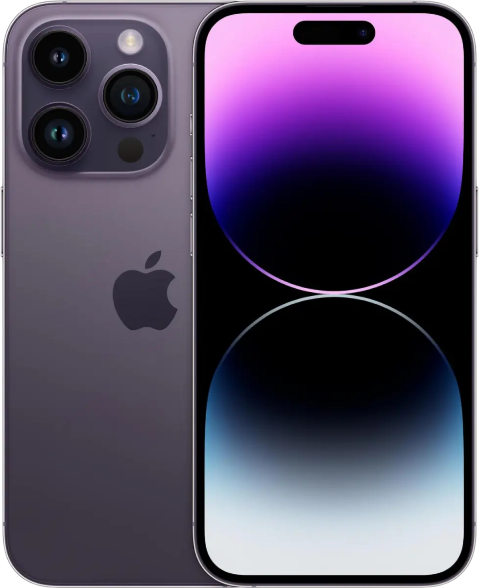 iPhone 14 Pro in Dunkellila, Rückseite und Vorderseite