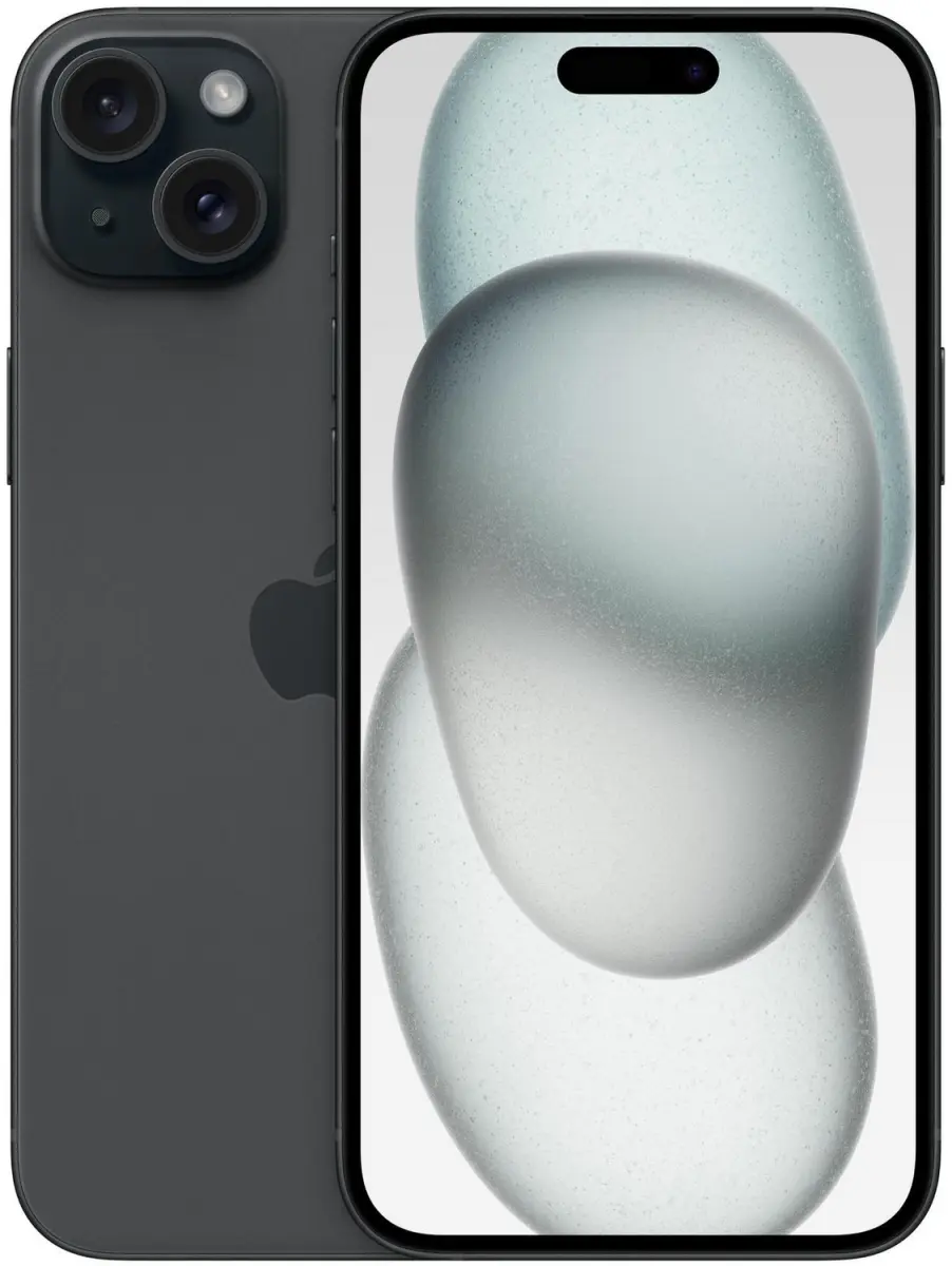 iPhone 15 Plus in Schwarz, Rückseite und Vorderseite